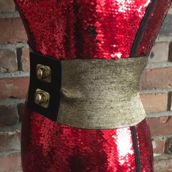 Vintage 80s Stretch Waist Cincher Belt Metallic Gold & Black Wide Elastic Small - Picture 2 of 4